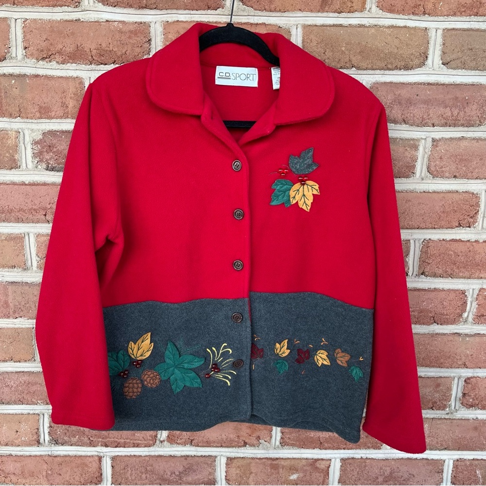 Vintage red and gray button-down fleece with appliqué. Size petite medium.